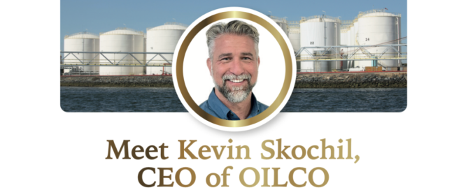 Headshot of Kevin Skochil in a small circle placed over a backdrop of a row of bulk liquid storage terminals