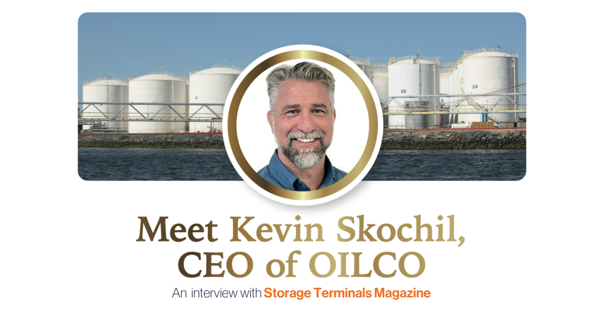 Headshot of Kevin Skochil in a small circle placed over a backdrop of a row of bulk liquid storage terminals